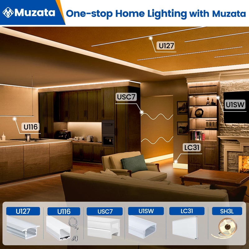Muzata 20Pack 6.6FT/2M LED Channel Aluminum U Shape Silver LED Strip Diffuser Channel with Milky White Cover Easy Installation U1SW WW 2M - Image 4